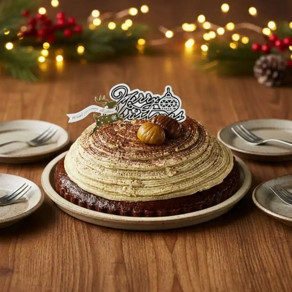 和栗のショコラモンブランをこれからみんなで取り分ける様子。