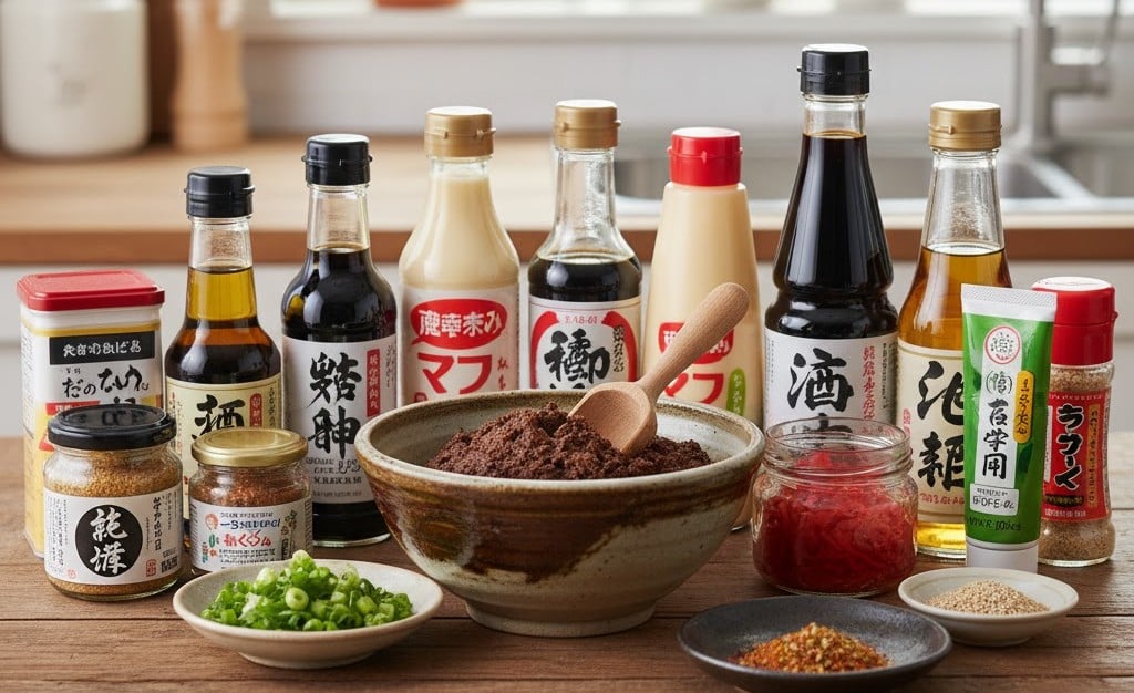 様々な調味料が並んでいる様子