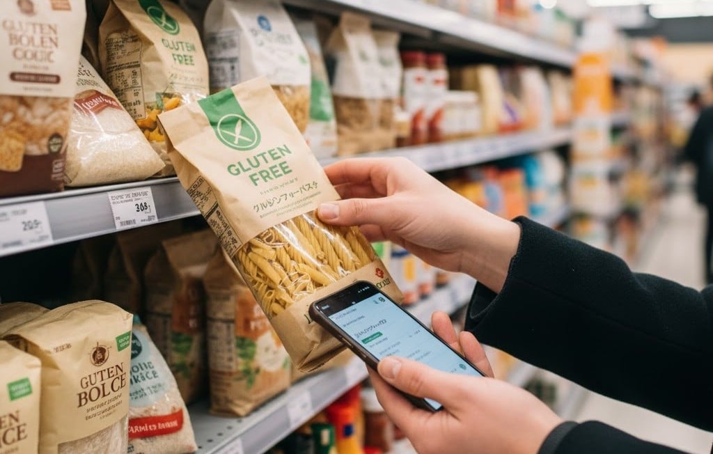 陳列棚からグルテンフリー食材を選んでいる様子