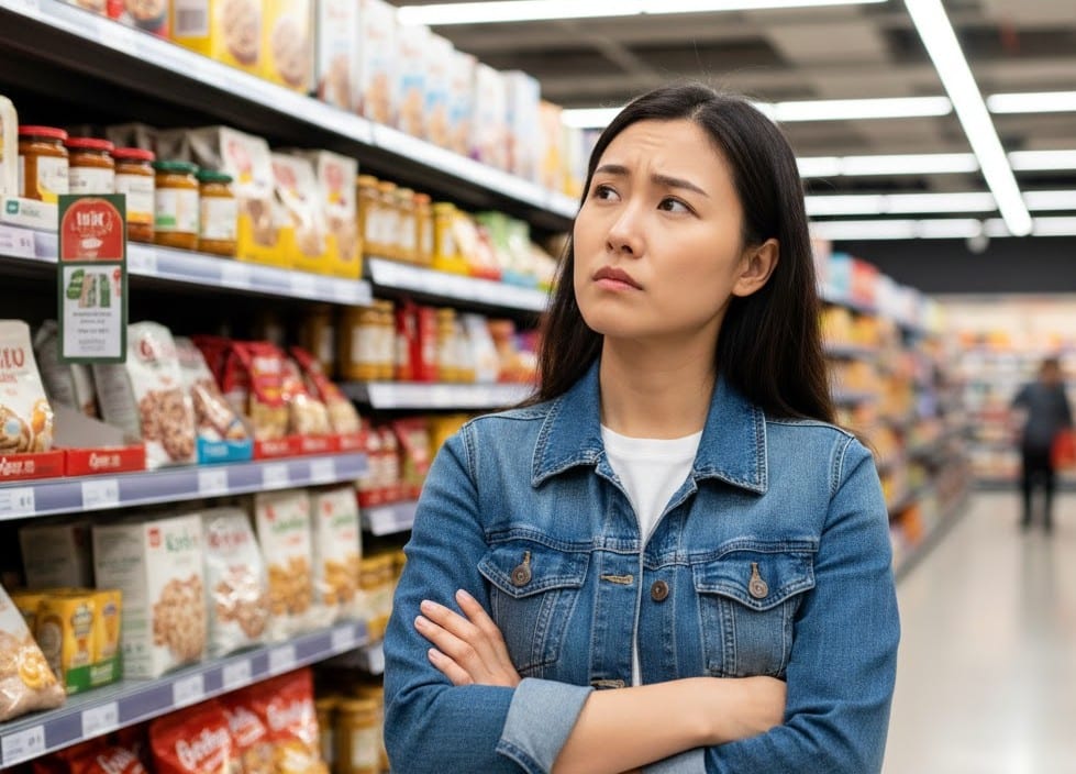 陳列棚を見てグルテンフリーかどうか悩んでいる様子