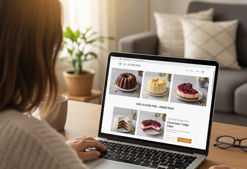 グルテンフリー専門店の通販からグルテンフリーケーキを選んでいる様子