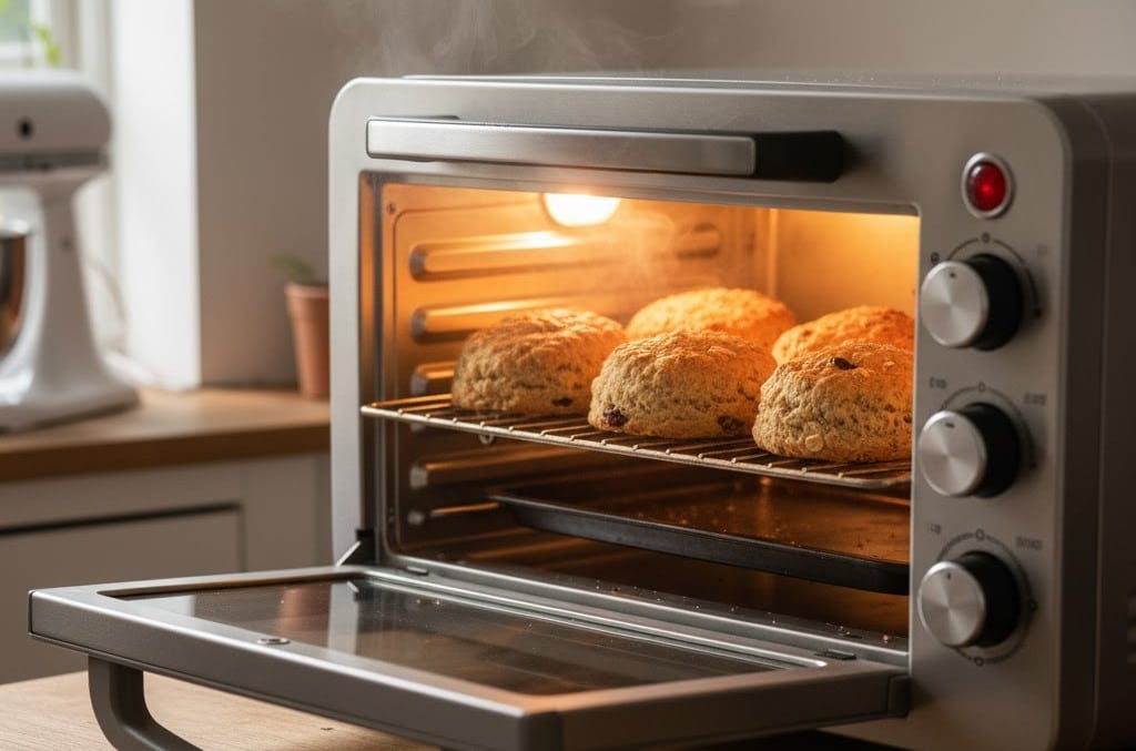 トースターで冷凍スコーンを温めなおしている様子