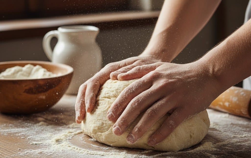 小麦粉をこねてパン生地を作っている様子