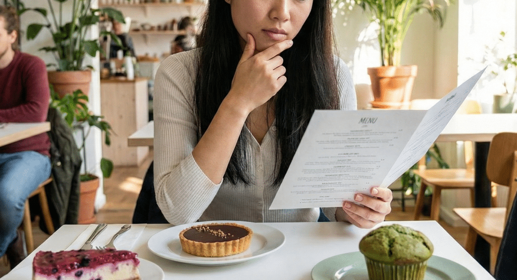 ヴィーガンスイーツのメニューを手にして、悩んでいる女性。