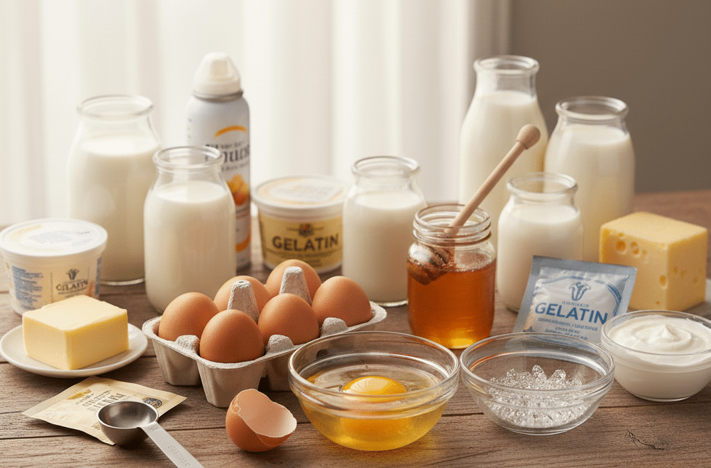 ヴィーガンで避けたいはちみつ、ゼラチン、乳などが机に並べられている。