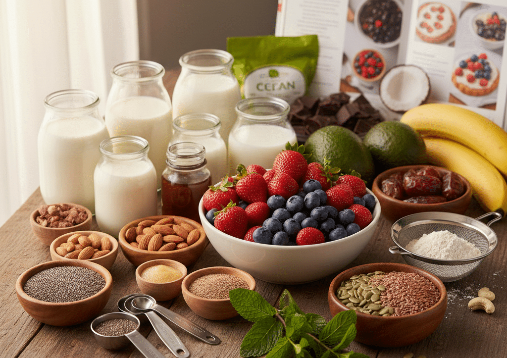 ヴィーガンスイーツをつくるための材料が机に並べられている。