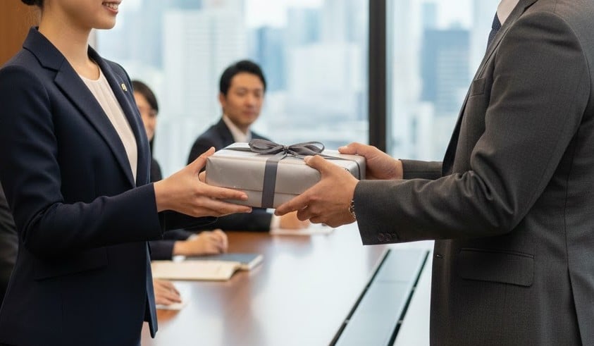 小麦を使用していない手土産をビジネスパートナーに渡している様子。