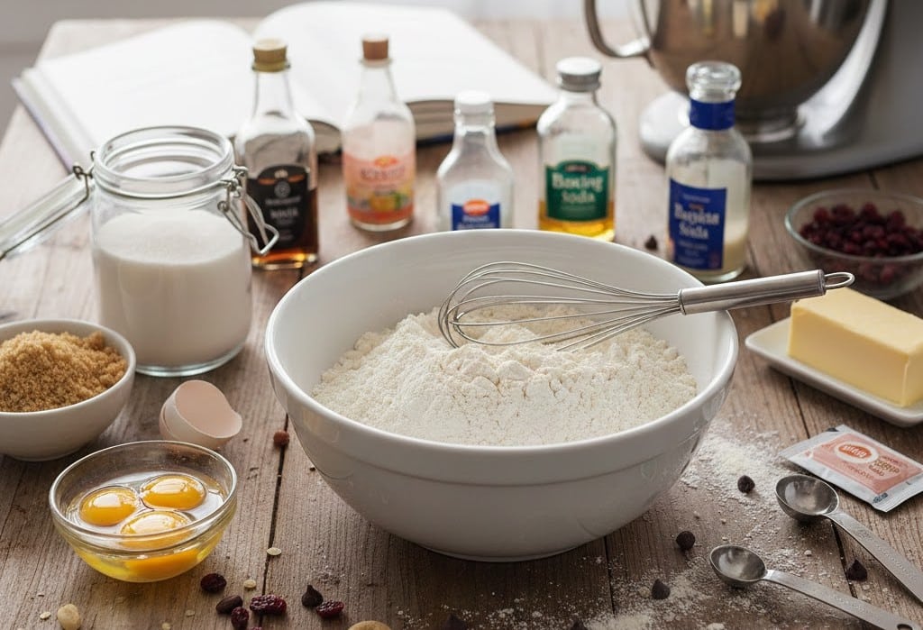 小麦アレルギー対応のお菓子を作るために必要な材料が机に並べられている。