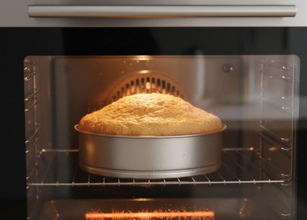 米粉でつくったスポンジケーキがオーブンの中できれいに膨らんでいる様子。