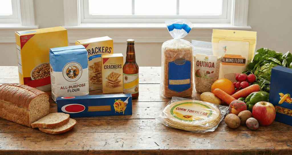 グルテンフリーの食材とグルテンフリーではない食材がそれぞれ並んでいる。
