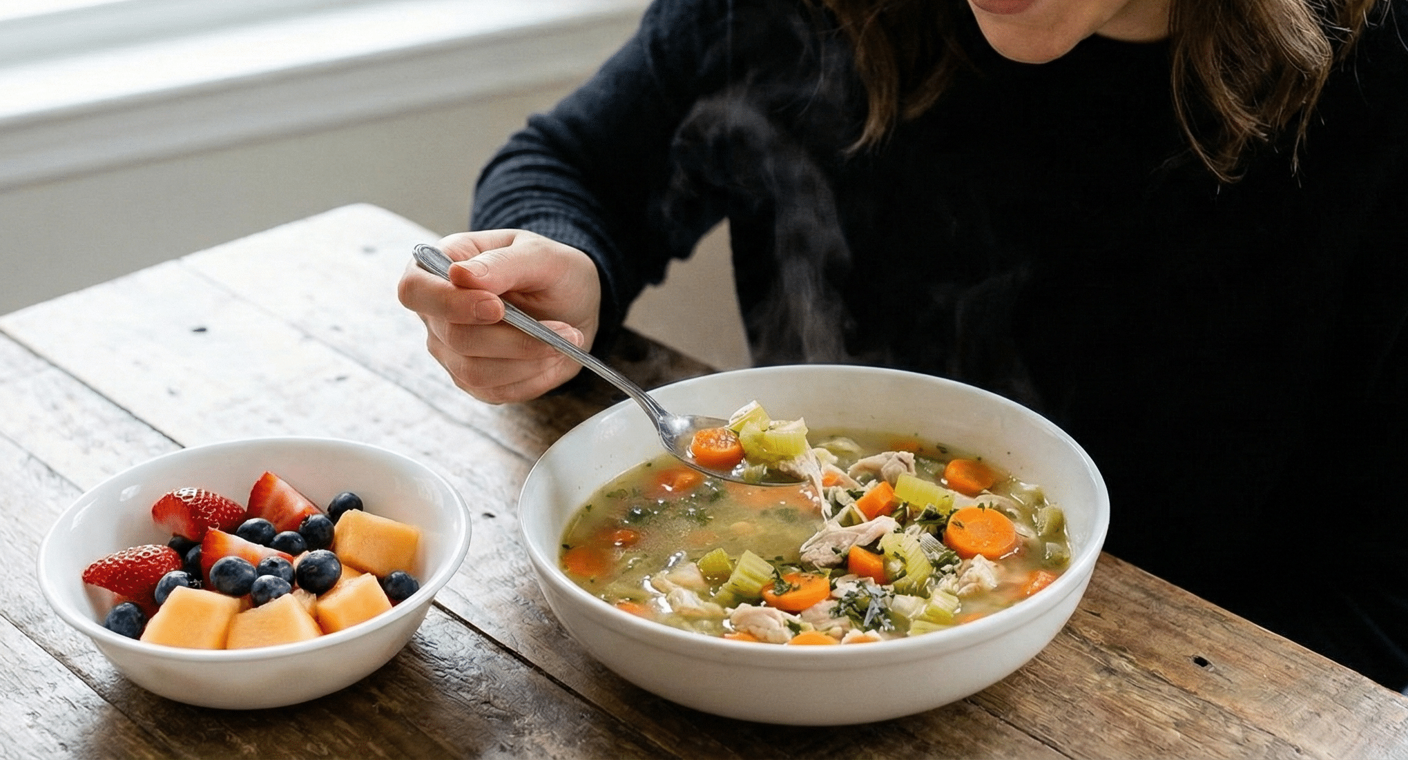 食べ過ぎた翌日に野菜スープと果物を食べ、むくみをリセットしようとしている。