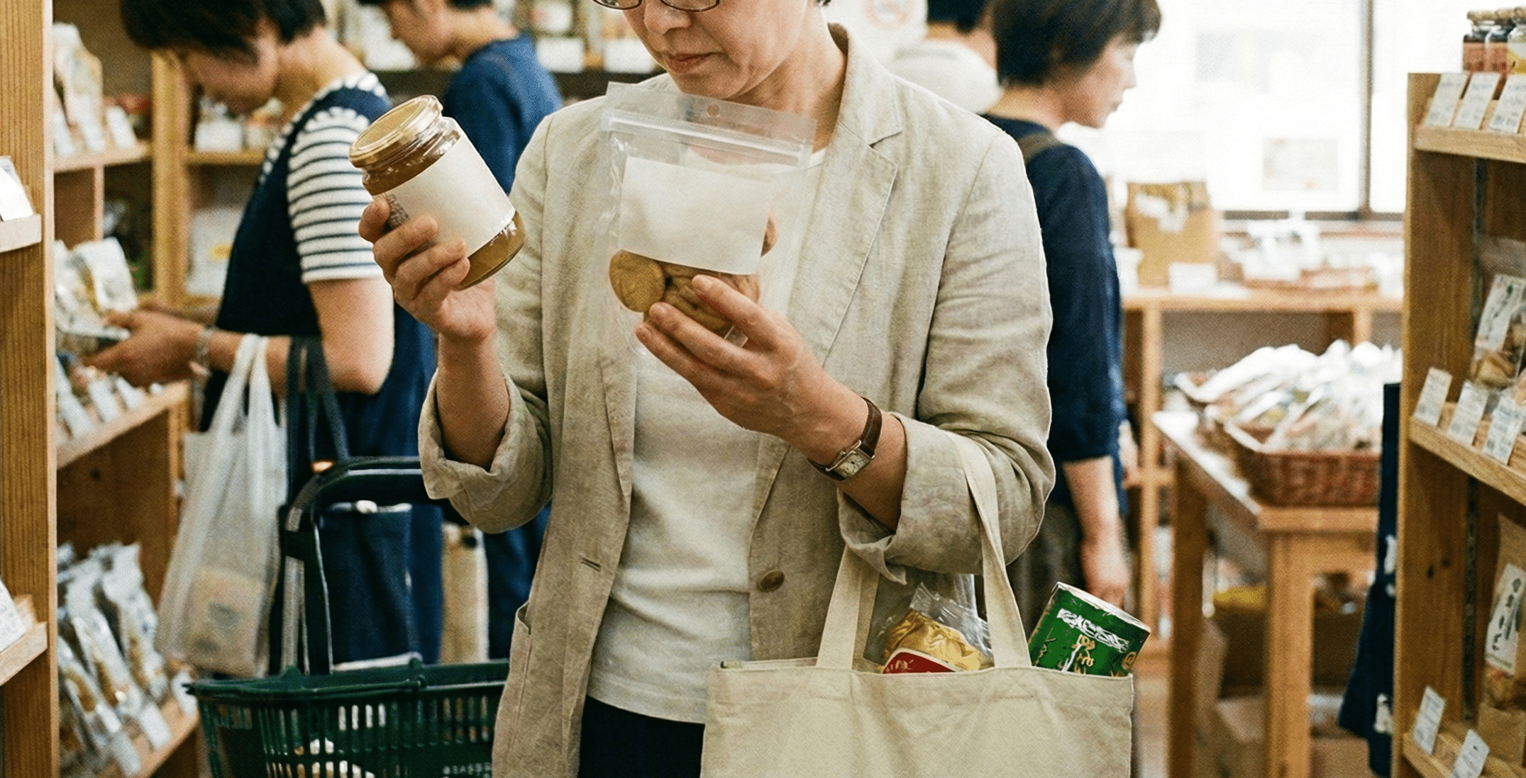 無添加商品の表示を確認している女性