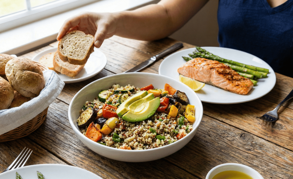 グルテンフリーの食事を楽しんでいる様子。