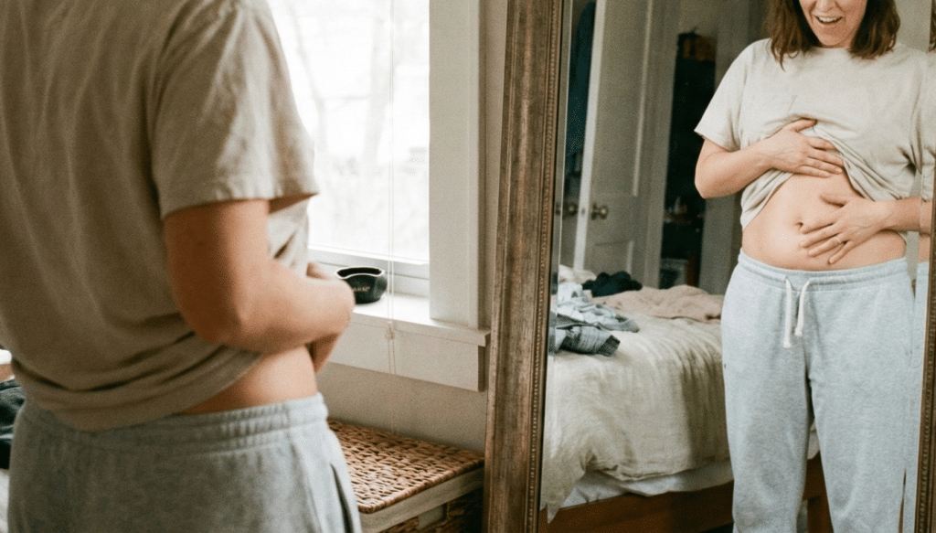 グルテンフリーの食事によってお腹がすっきりしたことを体感している女性。