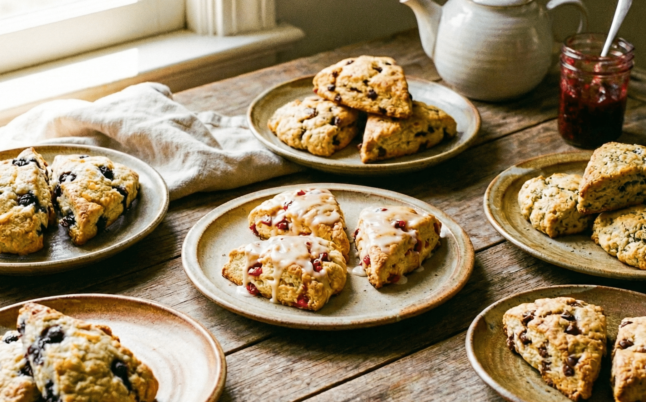 様々な種類のヴィーガンスコーンが並べられている。