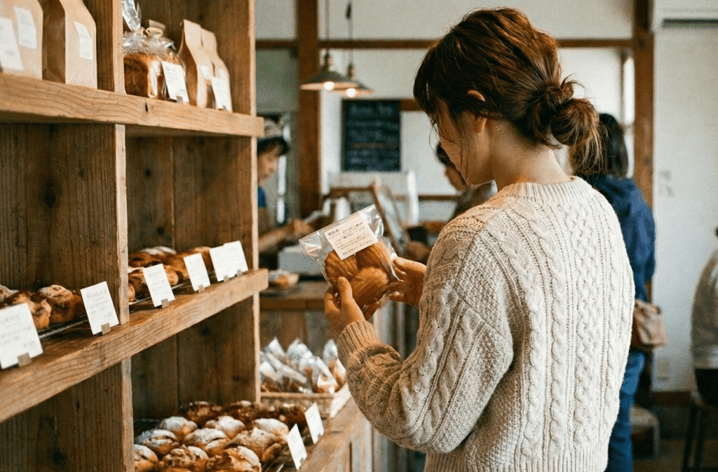 お店に並んでいるお菓子からヴィーガン対応のものを選んでいる女性。