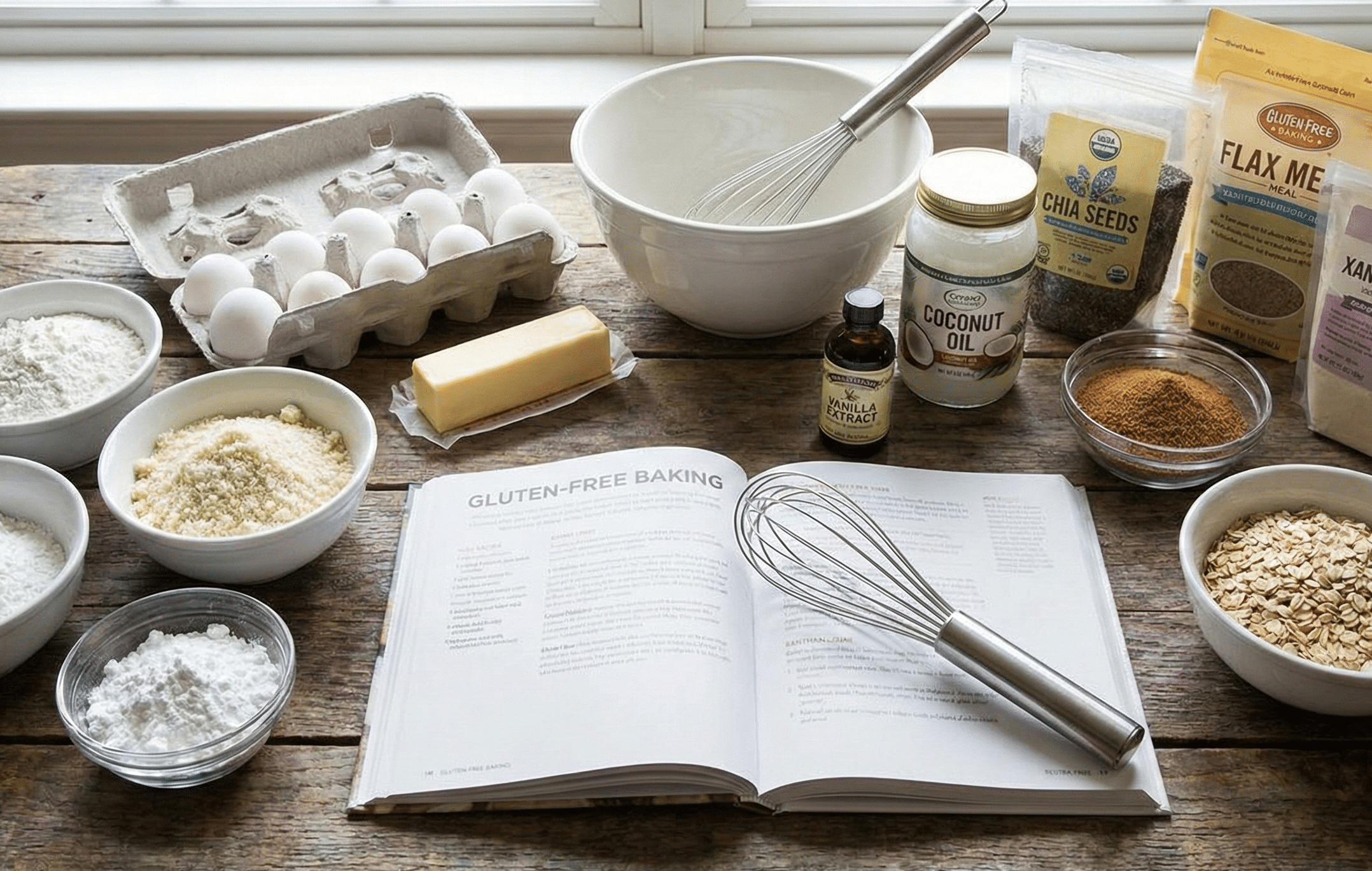 グルテンフリーを取り入れてスイーツをつくるための材料が並んでいる。