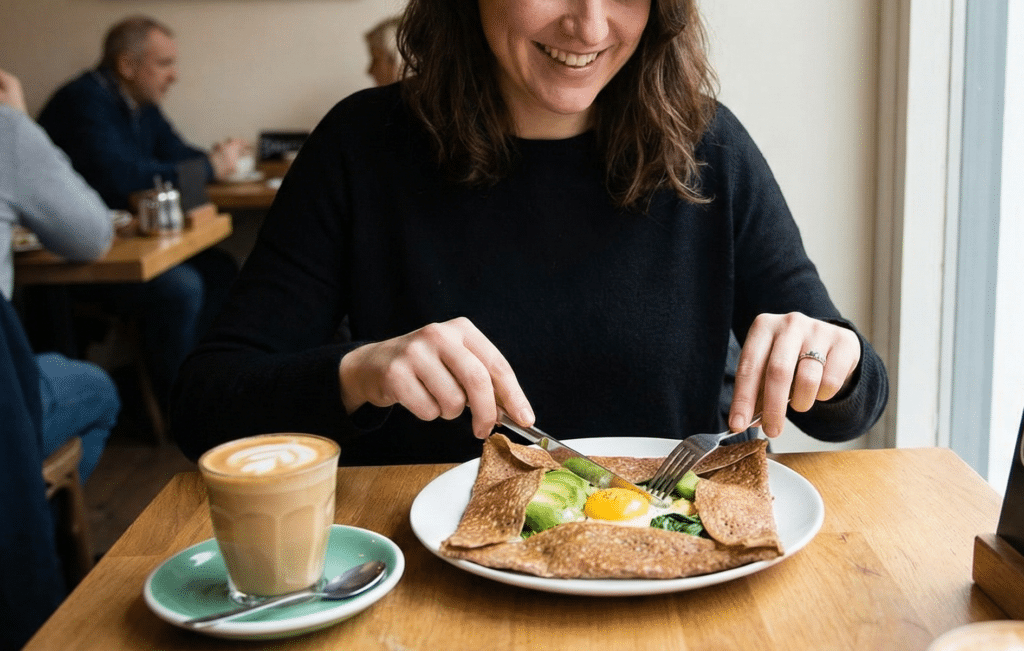 カフェでグルテンフリーメニューを楽しんでいる。