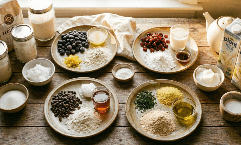 ヴィーガン対応のスコーンを作るための材料が並んでいる様子。