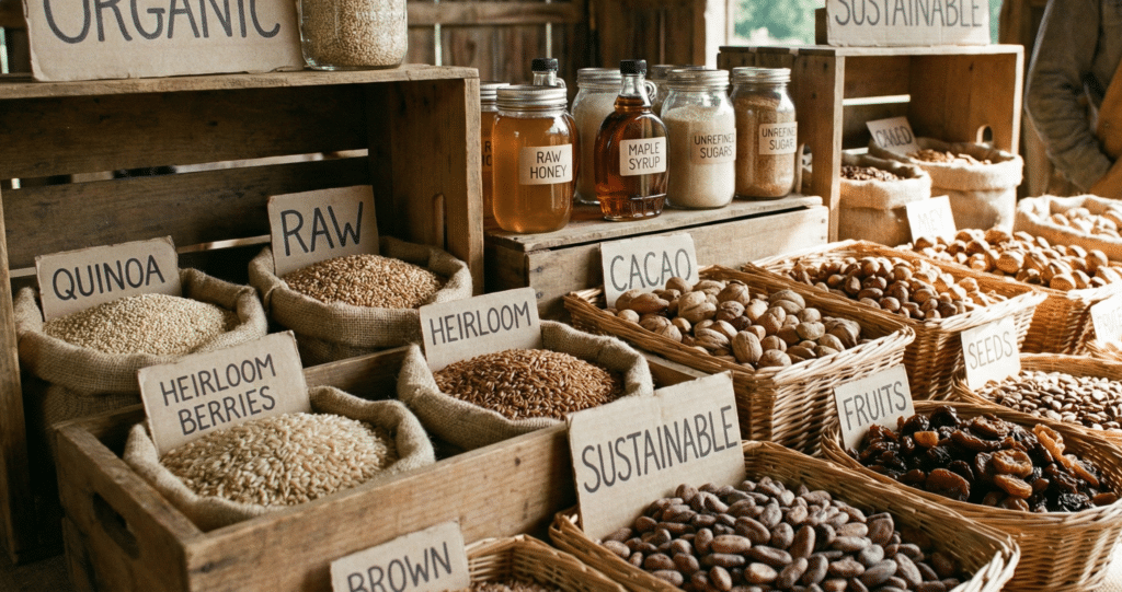 オーガニックスイーツに使用される原材料が並べられている様子。