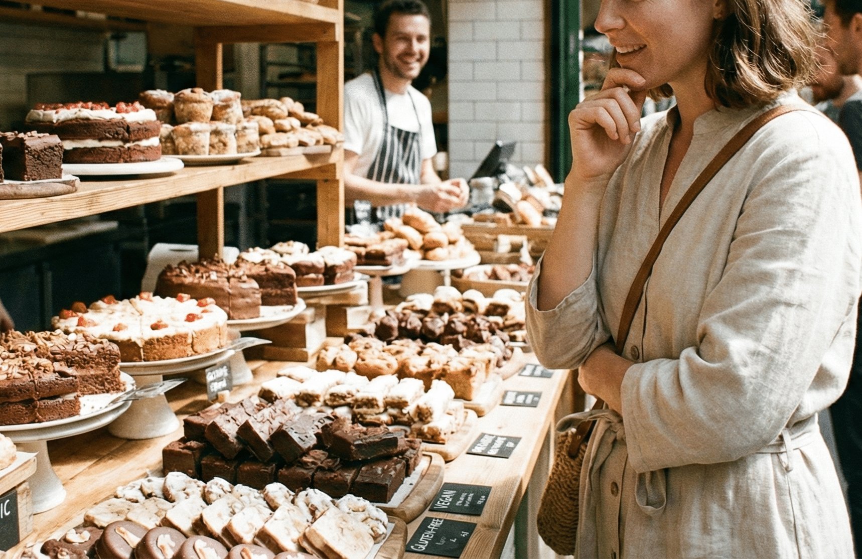 スイーツ店でオーガニックスイーツを選んでいる女性。
