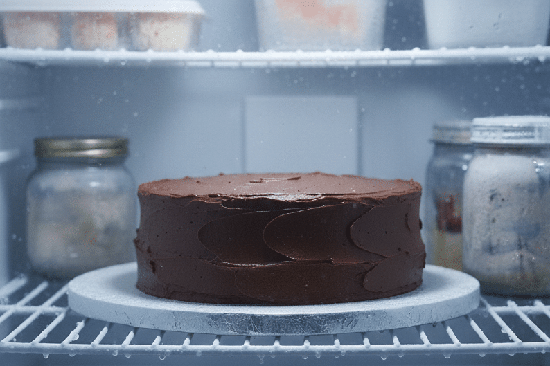 ヴィーガン仕様のチョコレートケーキを冷蔵庫で解凍している。