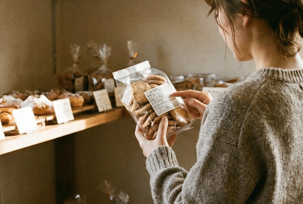 焼き菓子の原材料表示を確認している様子
