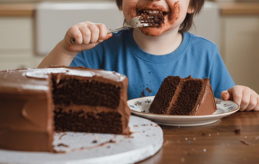 ヴィーガン仕様のチョコレートケーキを子どもが嬉しそうにほおばっている。