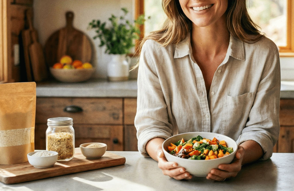 グルテンフリーを実践しており、サラダを食べようとしている女性