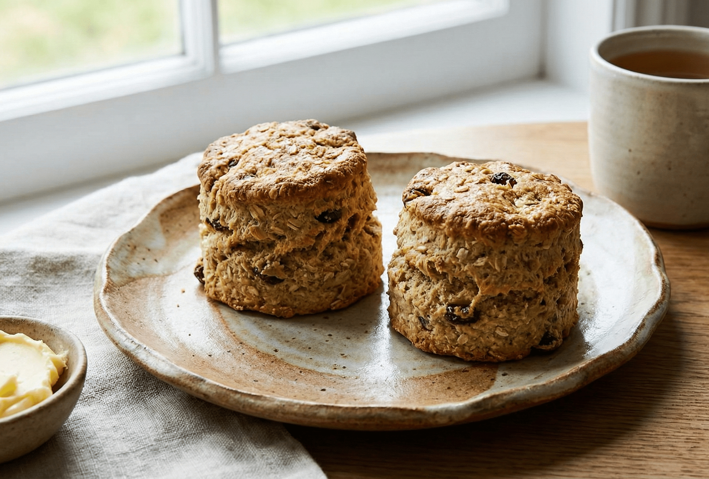 ヴィーガンの方も食べられるスコーンが2つ陶器皿に乗っている様子。