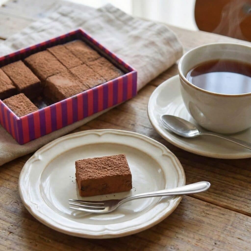 生チョコを紅茶とともに楽しんでいる