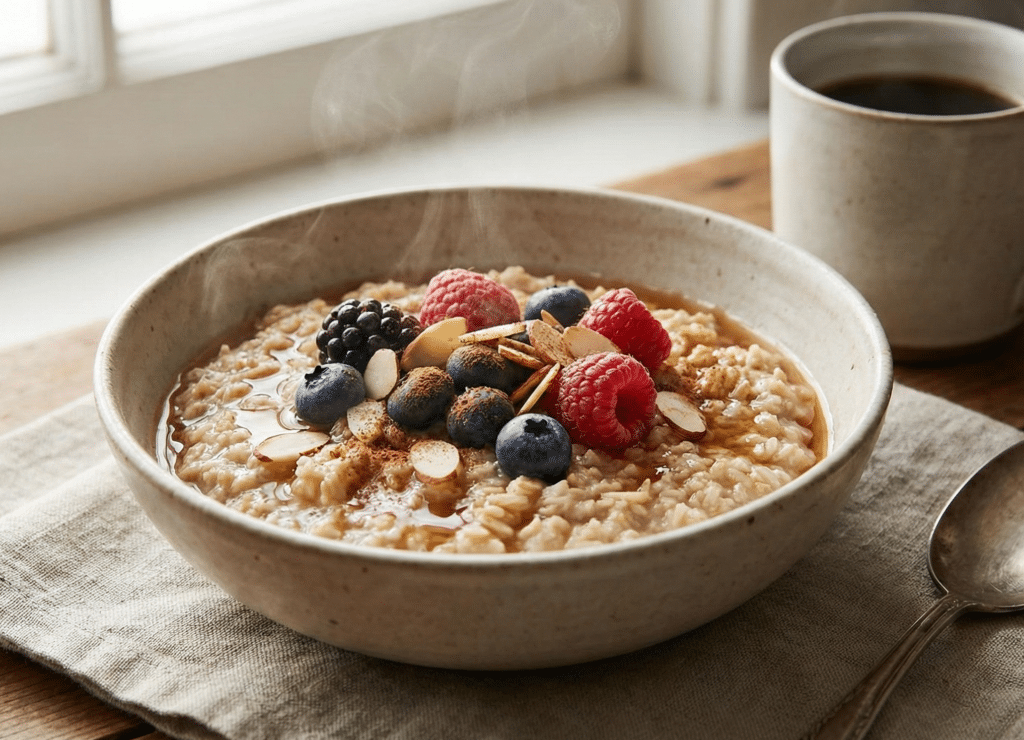 朝食にオートミールを食べようとしている。