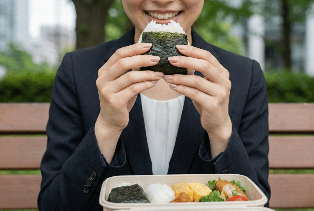 仕事の休憩におにぎりを食べる女性