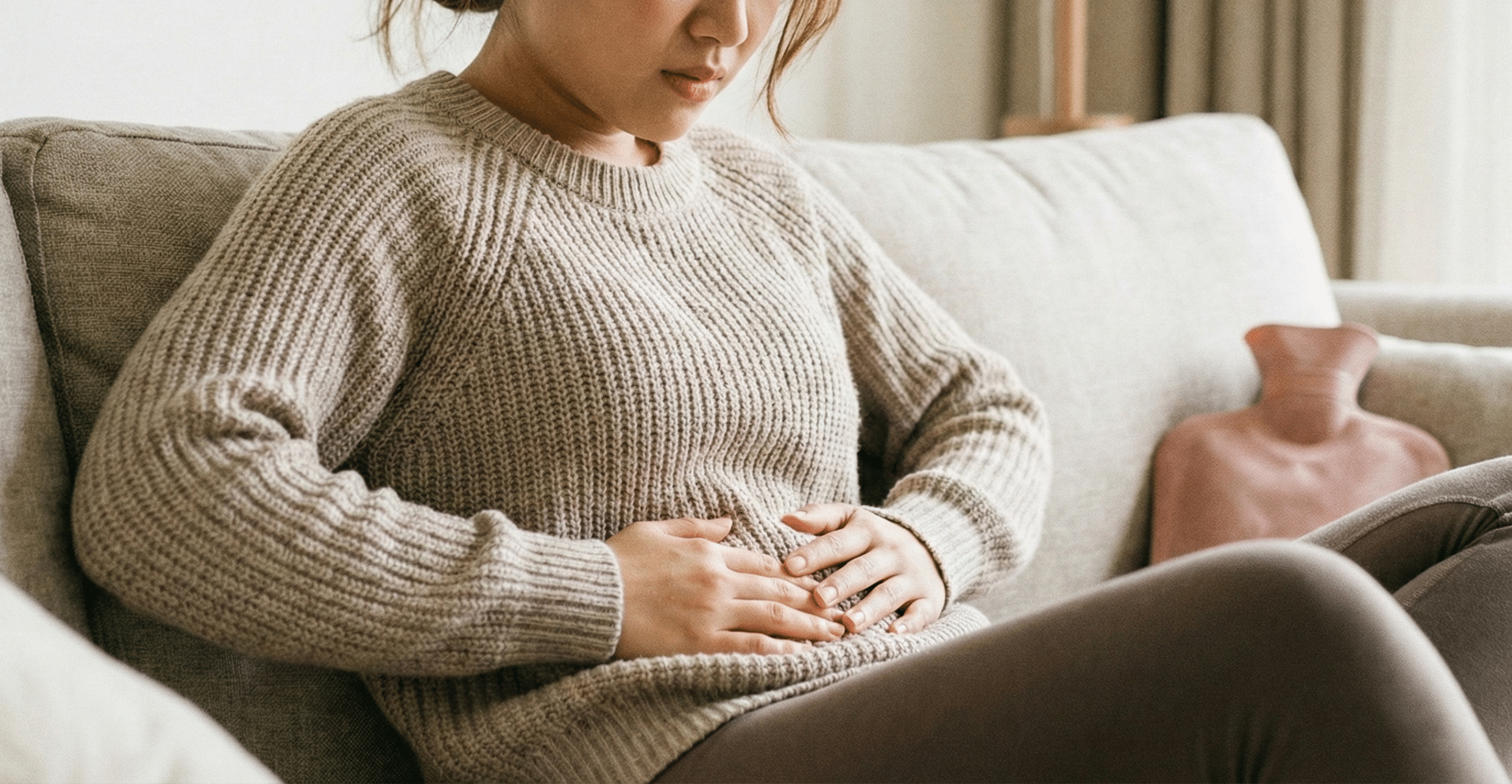 お腹の調子が悪く、お腹をさすっている女性