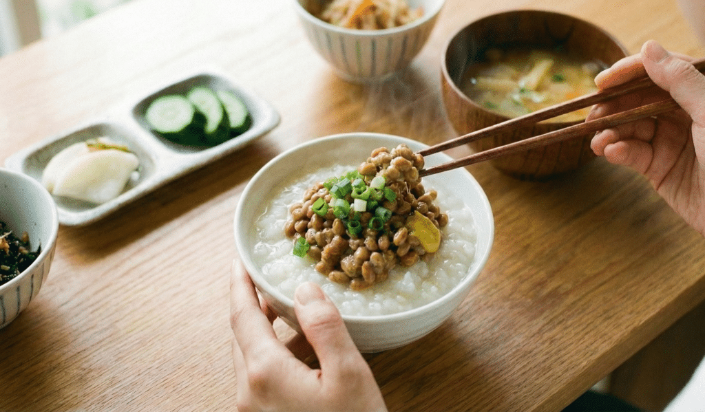 オートミールの米化して納豆と一緒に食べている