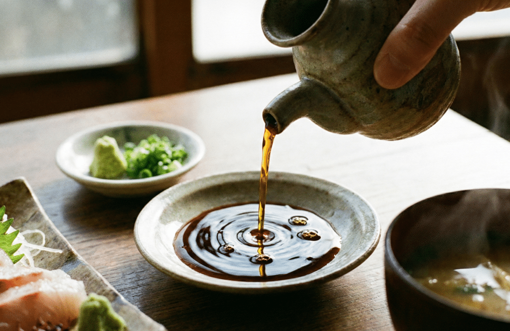 醤油を小皿に注いでいる