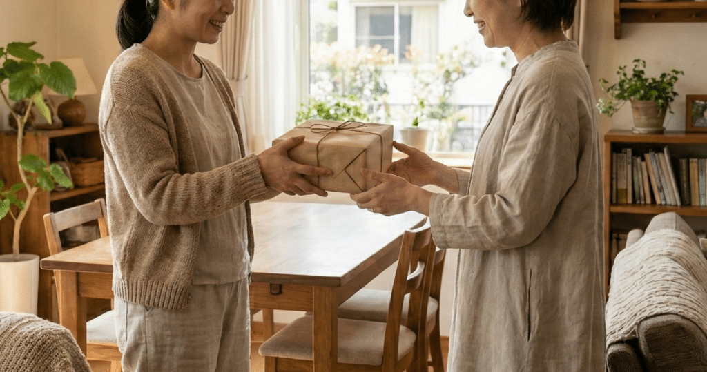 ママ友にオーガニックお菓子を渡す様子。