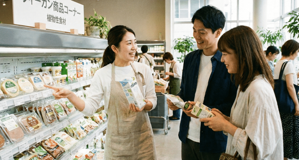 ヴィーガン商品について説明する店員さん