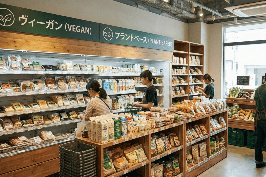 プラントベースやヴィーガンの商品が置いてあるお店