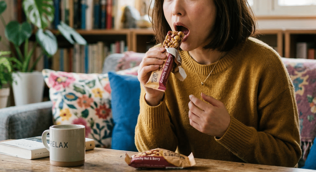 プラントベースのナッツバーを食べようとしている女性
