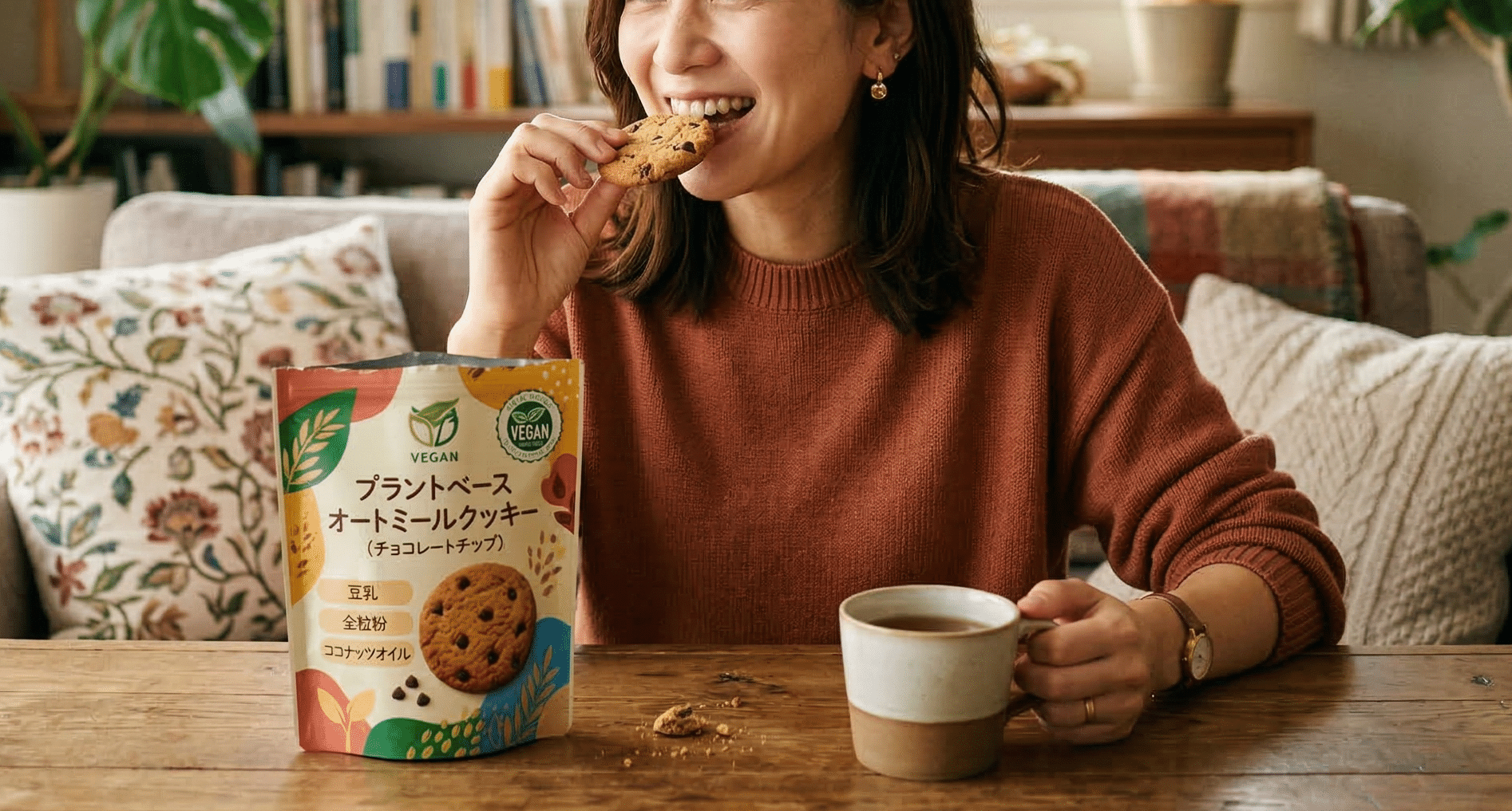 プラントベースのお菓子を楽しむ女性