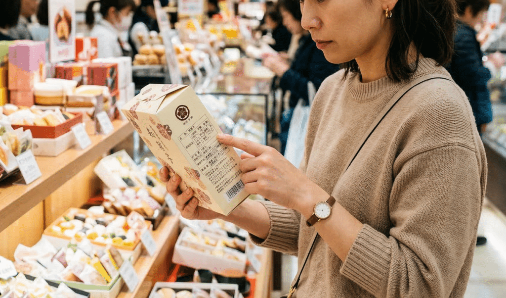 和菓子の原材料表示を確認している女性